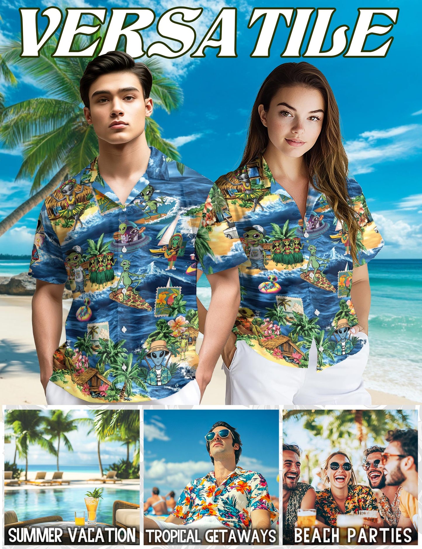 Funny Alien Surfing Hawaiian Shirt for Men, Button Down Aloha Shirt - Azhawaiian