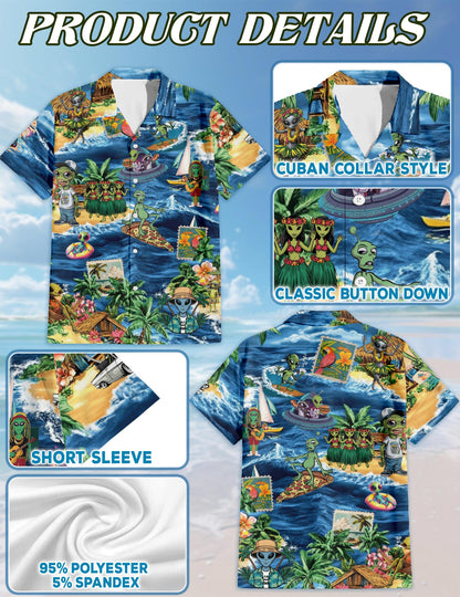 Funny Alien Surfing Hawaiian Shirt for Men, Button Down Aloha Shirt - Azhawaiian