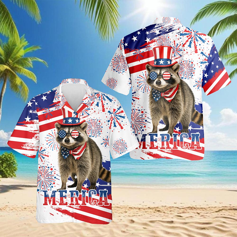 Funny America Raccoon with Glasses Hawaiian Shirt for Men, Button Down Aloha Shirt - Azhawaiian
