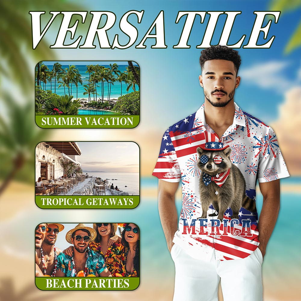 Funny America Raccoon with Glasses Hawaiian Shirt for Men, Button Down Aloha Shirt - Azhawaiian