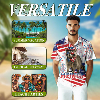 Funny America Raccoon with Glasses Hawaiian Shirt for Men, Button Down Aloha Shirt - Azhawaiian