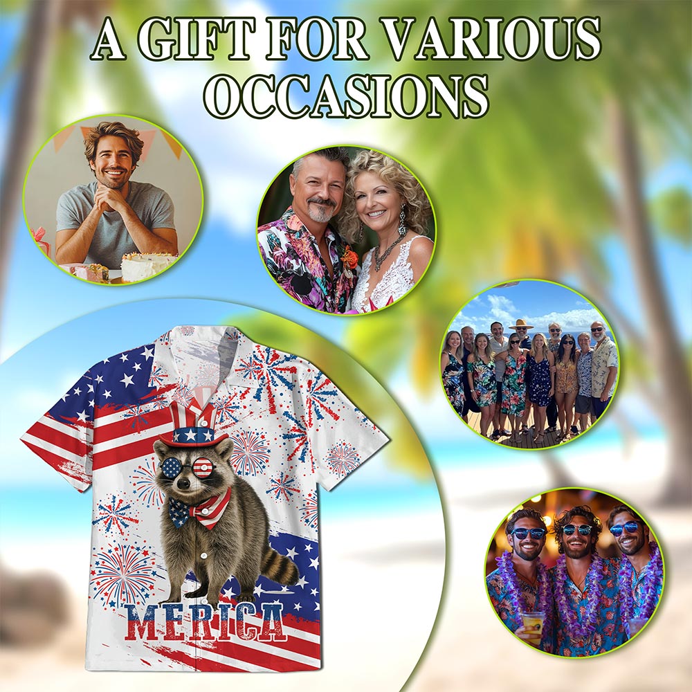 Funny America Raccoon with Glasses Hawaiian Shirt for Men, Button Down Aloha Shirt - Azhawaiian