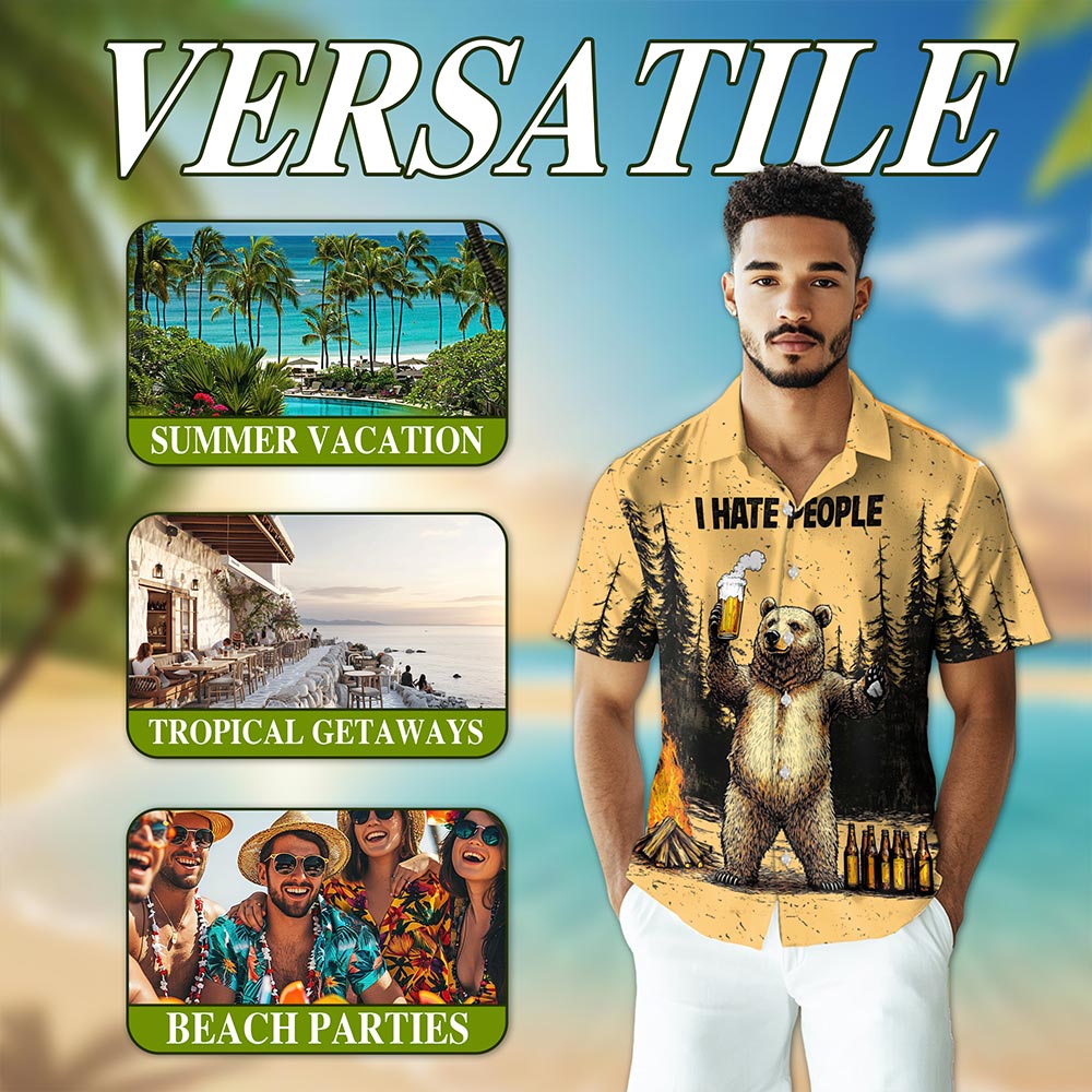 Funny Bear Drinks Beer Hawaiian Shirt for Men, Button Down Aloha Shirt - Azhawaiian