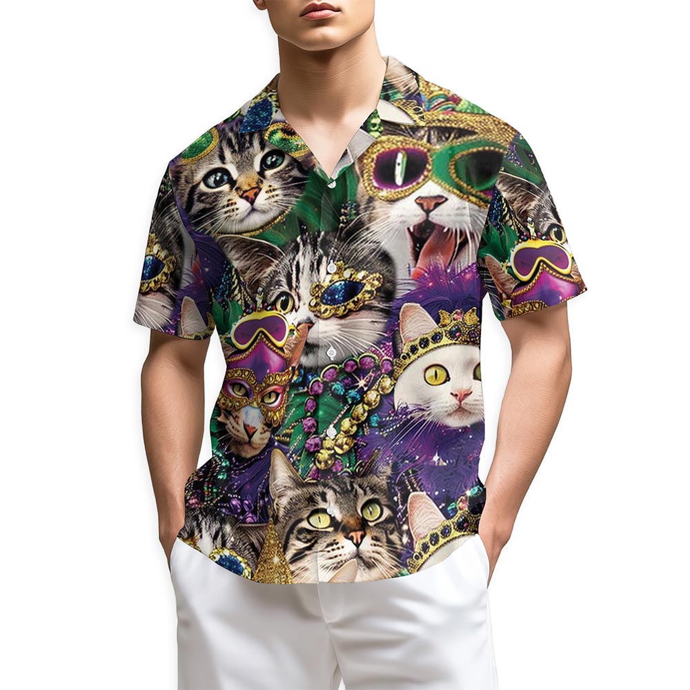 Azhawaiian Funny Cat Mardi Gras Hawaiian Shirt for Men