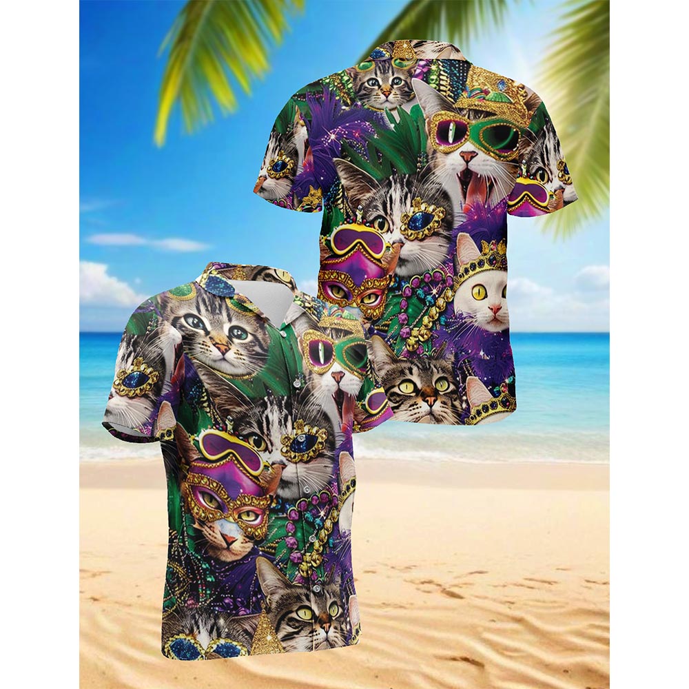 Funny Cat Mardi Gras Hawaiian Shirt for Men, Button Down Aloha Shirt - Azhawaiian