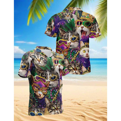 Funny Cat Mardi Gras Hawaiian Shirt for Men, Button Down Aloha Shirt - Azhawaiian