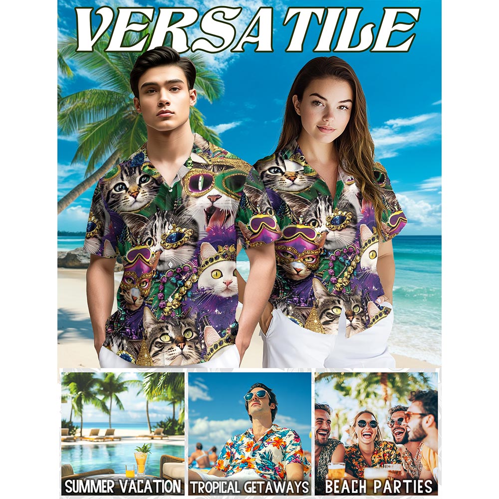 Funny Cat Mardi Gras Hawaiian Shirt for Men, Button Down Aloha Shirt - Azhawaiian