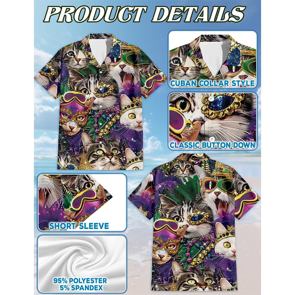 Funny Cat Mardi Gras Hawaiian Shirt for Men, Button Down Aloha Shirt - Azhawaiian