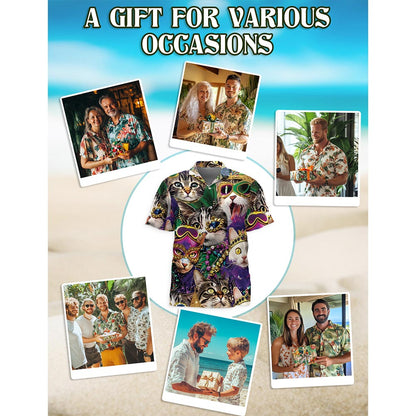 Funny Cat Mardi Gras Hawaiian Shirt for Men, Button Down Aloha Shirt - Azhawaiian