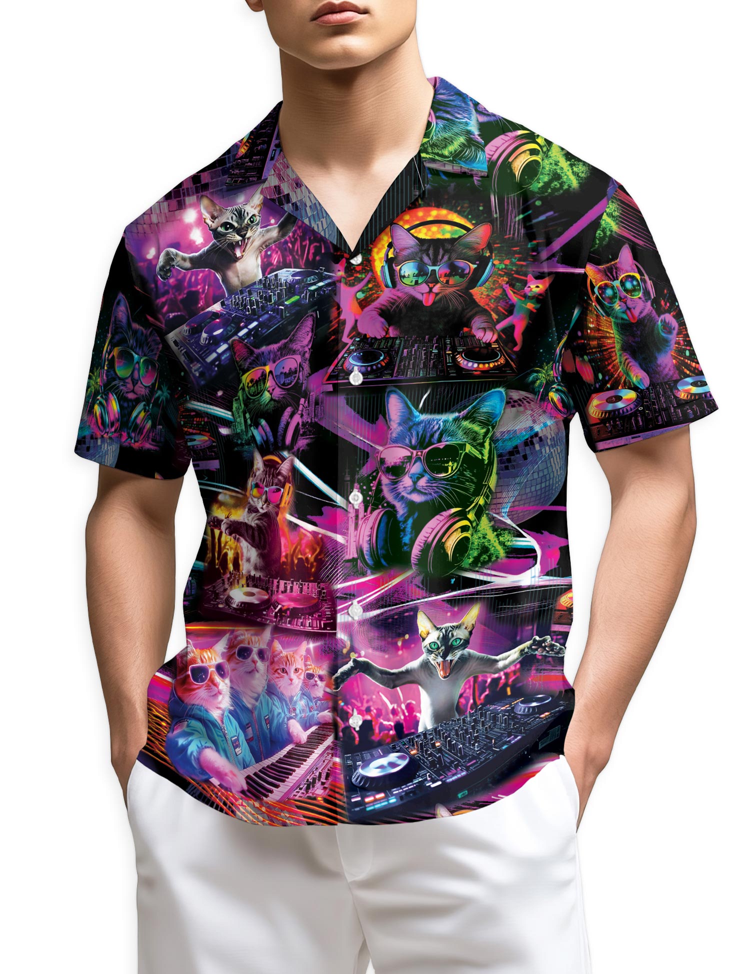 Azhawaiian Funny Cat Playing DJ Hawaiian Shirts for Men