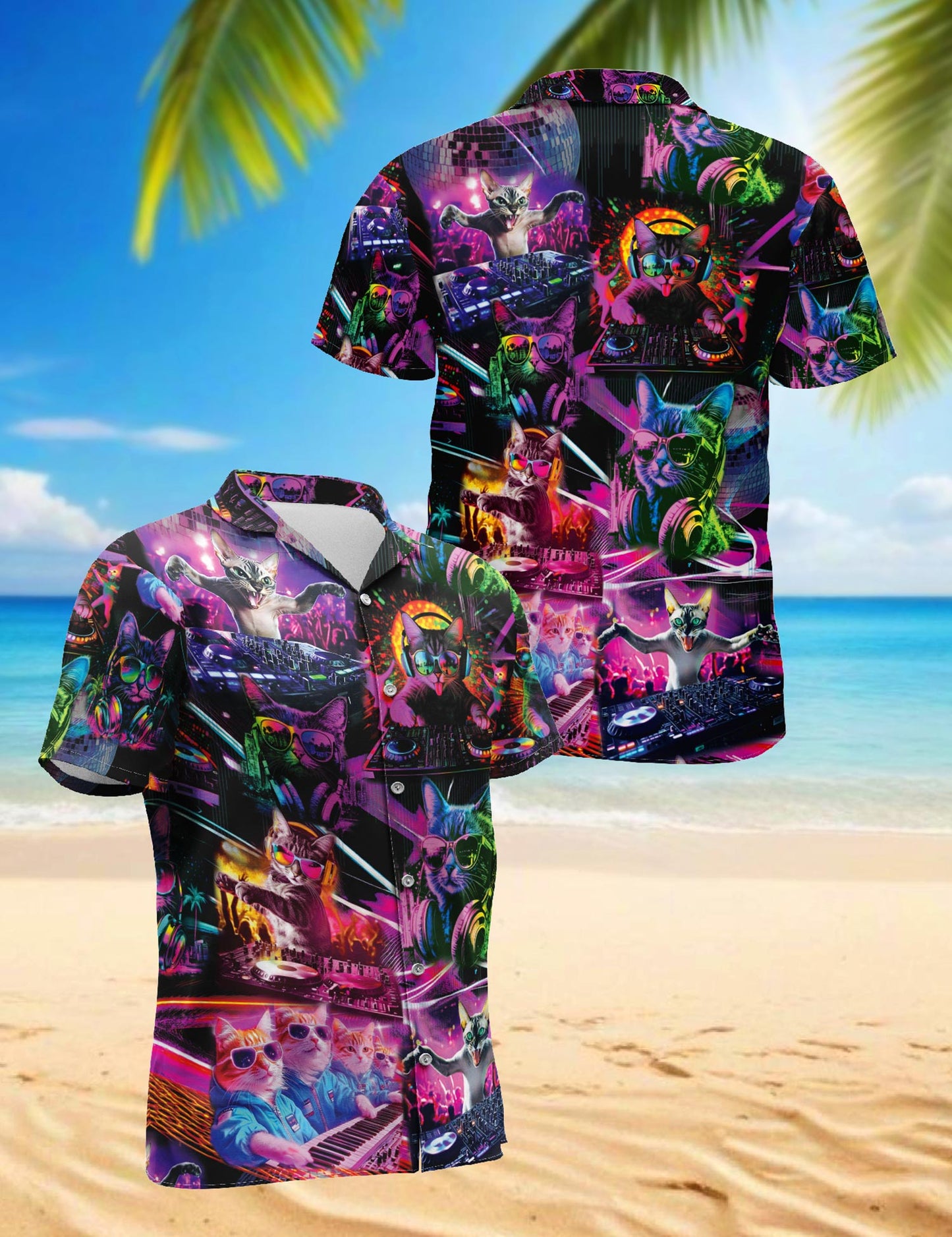 Funny Cat Playing DJ Hawaiian Shirt for Men, Button Down Aloha Shirt - Azhawaiian