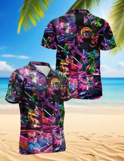 Funny Cat Playing DJ Hawaiian Shirt for Men, Button Down Aloha Shirt - Azhawaiian