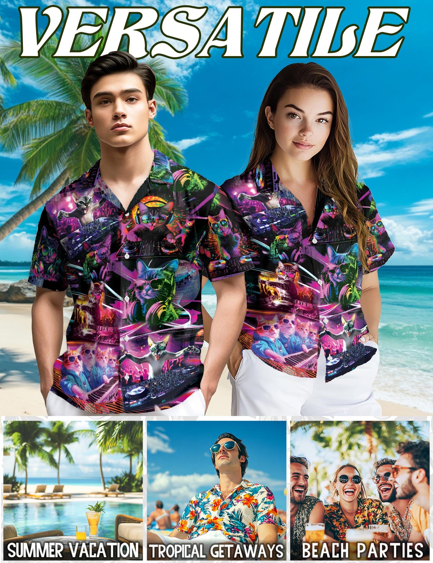 Funny Cat Playing DJ Hawaiian Shirt for Men, Button Down Aloha Shirt - Azhawaiian