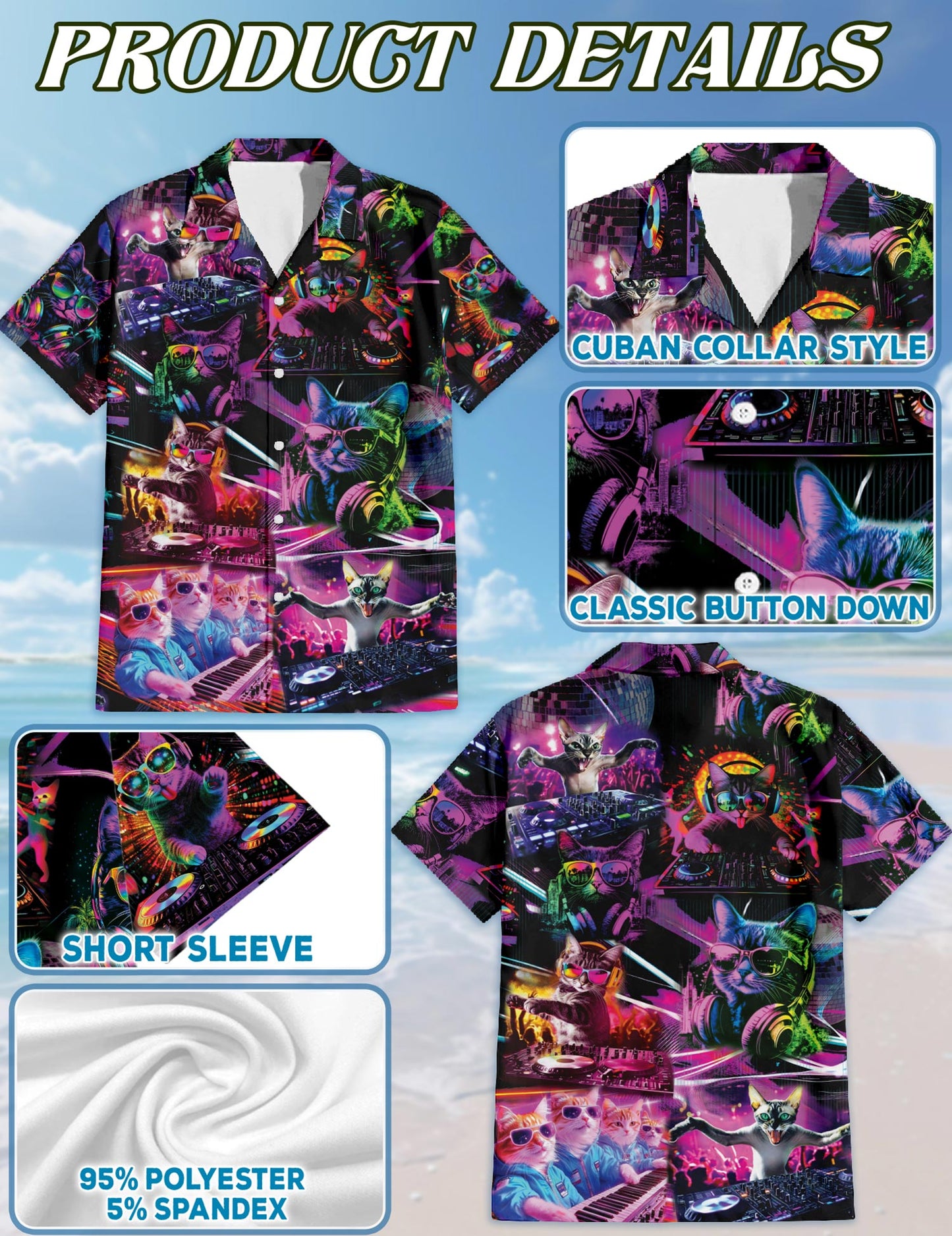 Funny Cat Playing DJ Hawaiian Shirt for Men, Button Down Aloha Shirt - Azhawaiian