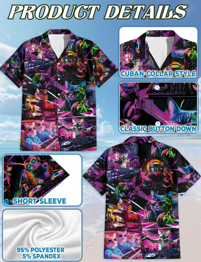 Funny Cat Playing DJ Hawaiian Shirt for Men, Button Down Aloha Shirt - Azhawaiian