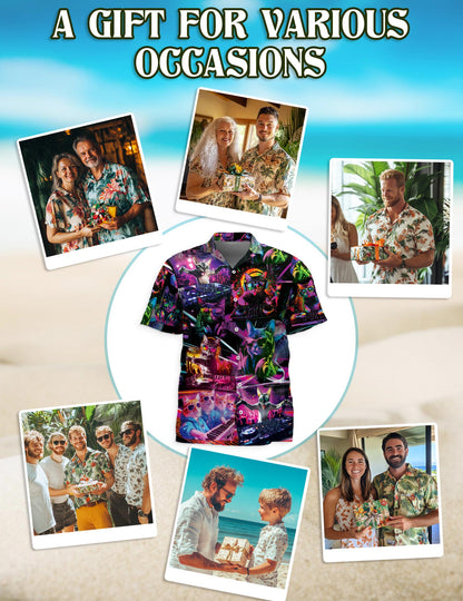 Funny Cat Playing DJ Hawaiian Shirt for Men, Button Down Aloha Shirt - Azhawaiian
