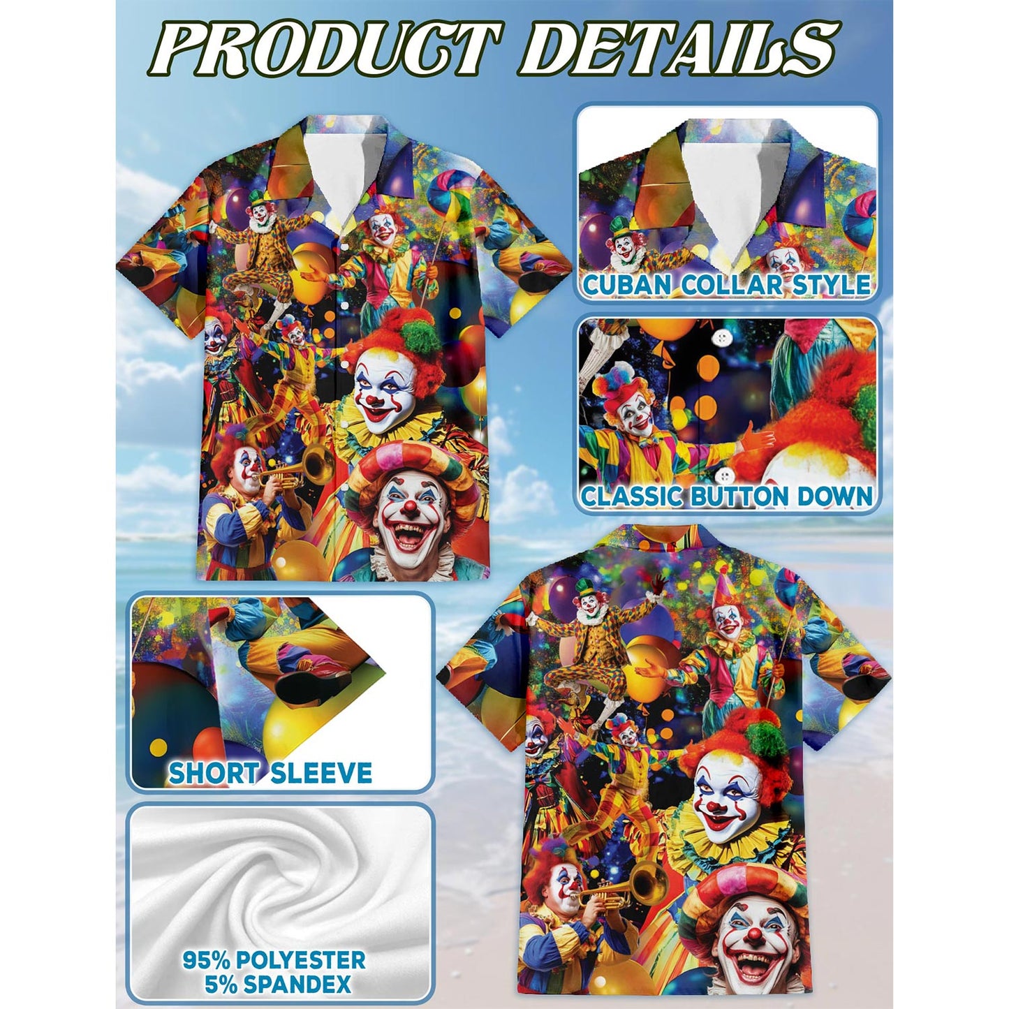 Funny Clown Hawaiian Shirt for Men, Button Down Aloha Shirt - Azhawaiian