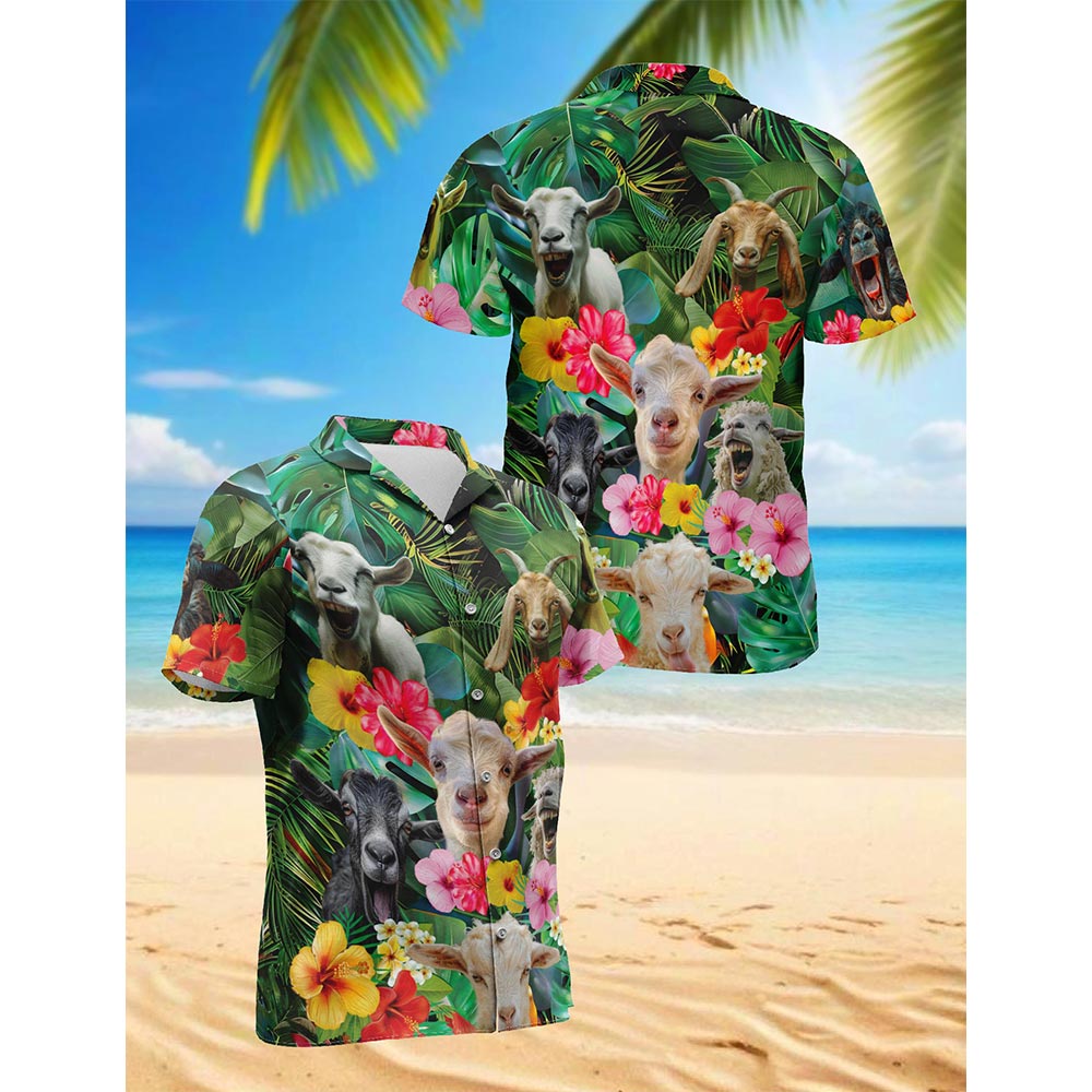 Funny Goat Tropical Hawaiian Shirt for Men, Button Down Aloha Shirt - Azhawaiian