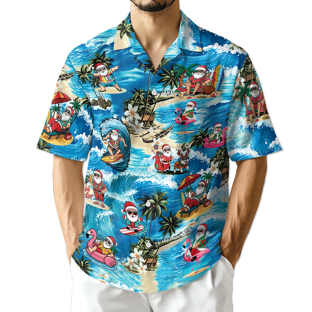 Azhawaiian Funny Santa Claus Surfing Dolphin Hawaiian Shirt for Men