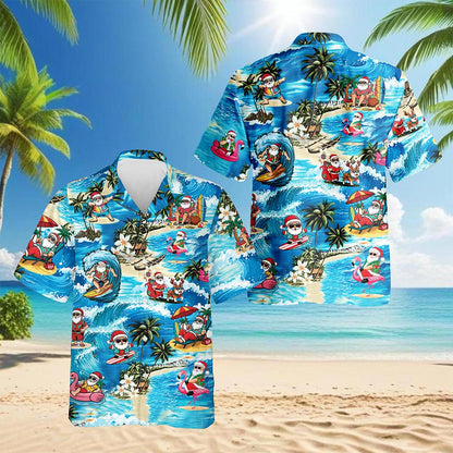 Funny Santa Claus Surfing Dolphin Hawaiian Shirt for Men, Button Down Aloha Shirt - Azhawaiian