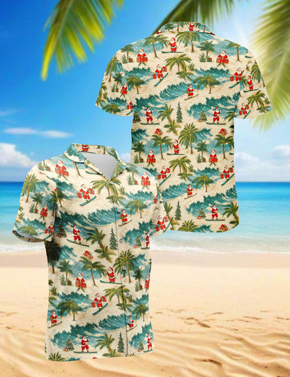 Funny Santa Surfing Hawaiian Shirt for Men, Button Down Aloha Shirt - Azhawaiian