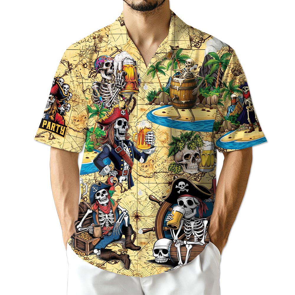 Azhawaiian Funny Skull Pirates Drinking Beer Hawaiian Shirt for Men