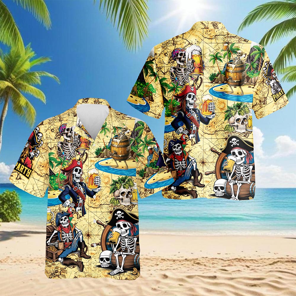 Funny Skull Pirates Drinking Beer Hawaiian Shirt for Men, Button Down Aloha Shirt - Azhawaiian