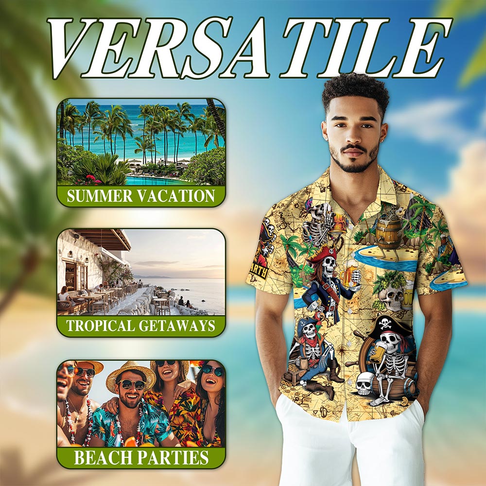 Funny Skull Pirates Drinking Beer Hawaiian Shirt for Men, Button Down Aloha Shirt - Azhawaiian