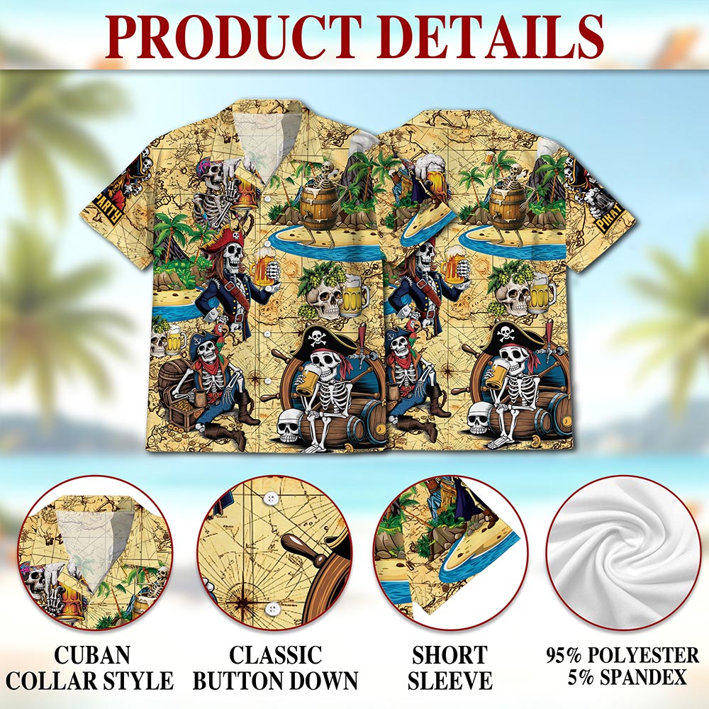 Funny Skull Pirates Drinking Beer Hawaiian Shirt for Men, Button Down Aloha Shirt - Azhawaiian