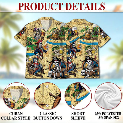 Funny Skull Pirates Drinking Beer Hawaiian Shirt for Men, Button Down Aloha Shirt - Azhawaiian