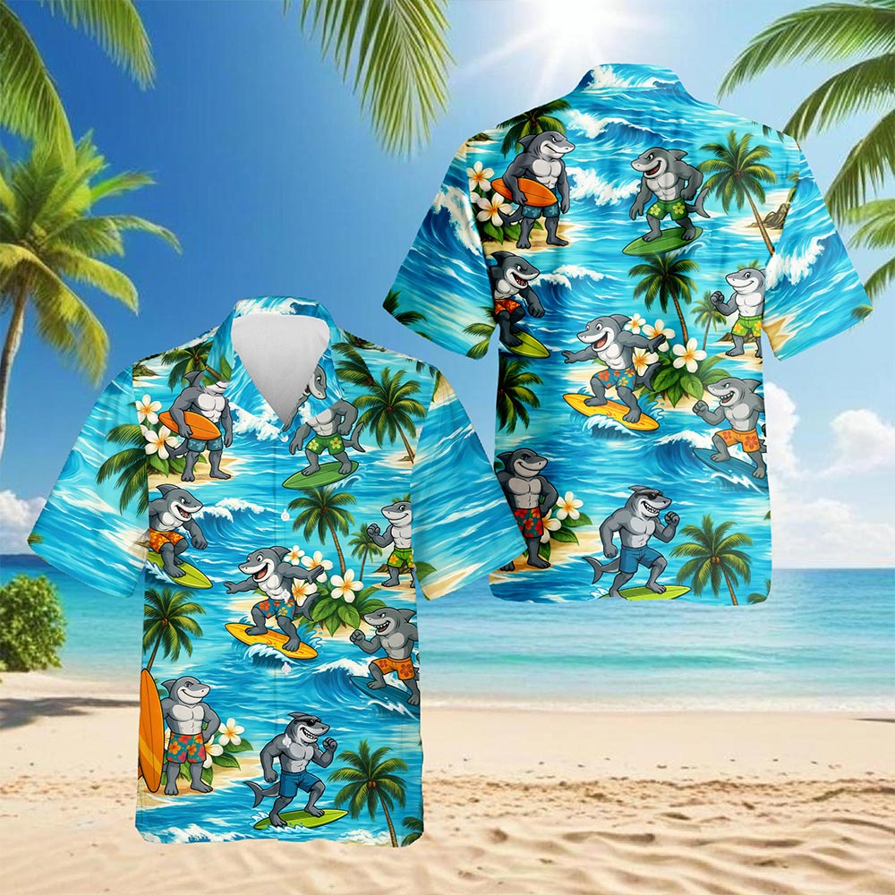Funny Surfing Shark Hawaiian Shirt for Men, Button Down Aloha Shirt - Azhawaiian