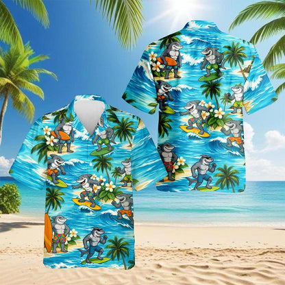 Funny Surfing Shark Hawaiian Shirt for Men, Button Down Aloha Shirt - Azhawaiian