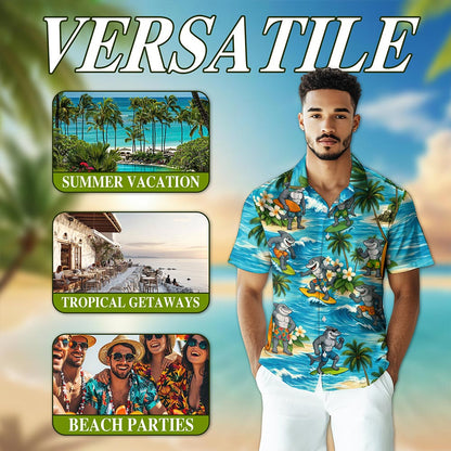 Funny Surfing Shark Hawaiian Shirt for Men, Button Down Aloha Shirt - Azhawaiian