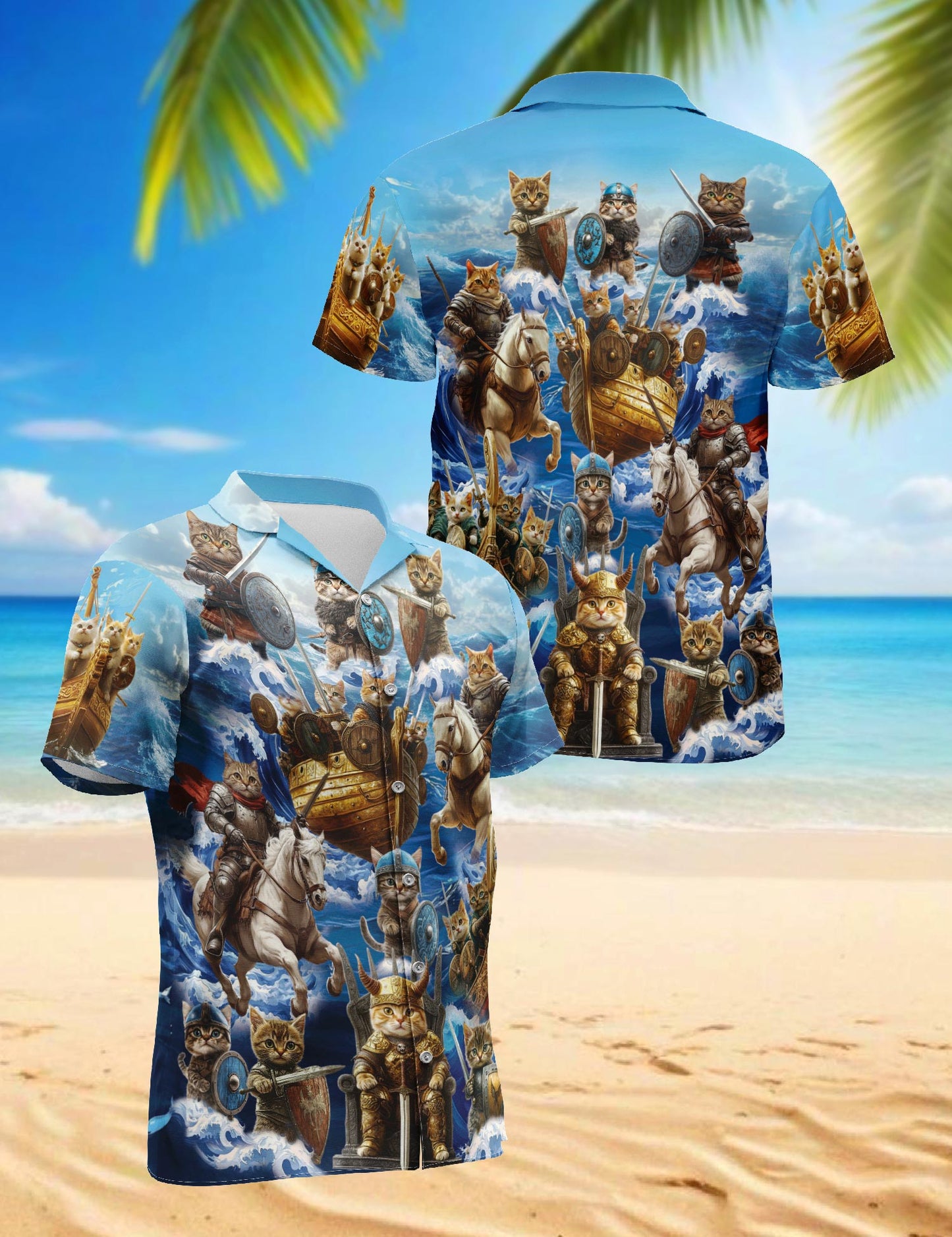 Funny Viking Cat Hawaiian Shirt for Men, Button Down Aloha Shirt - Azhawaiian