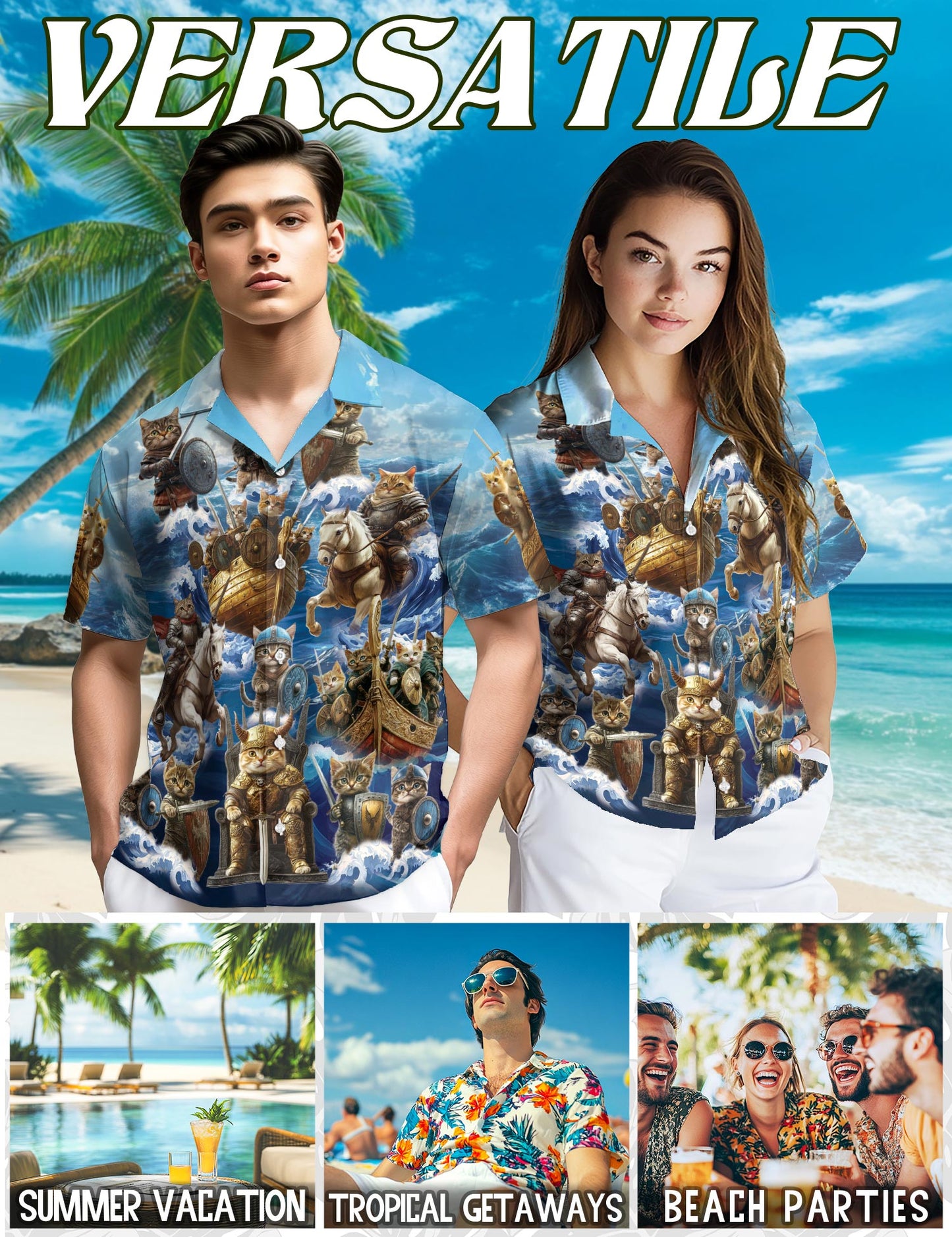 Funny Viking Cat Hawaiian Shirt for Men, Button Down Aloha Shirt - Azhawaiian