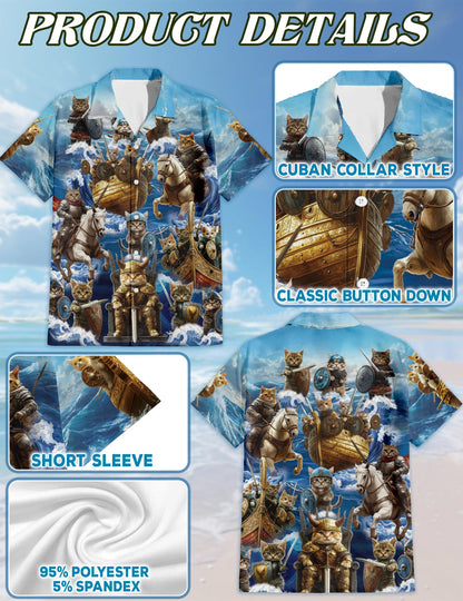 Funny Viking Cat Hawaiian Shirt for Men, Button Down Aloha Shirt - Azhawaiian