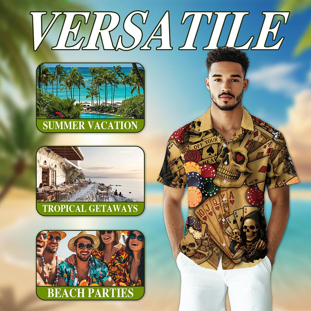 Gabling Poker Fire Skull Hawaiian Shirt for Men, Button Down Aloha Shirt - Azhawaiian