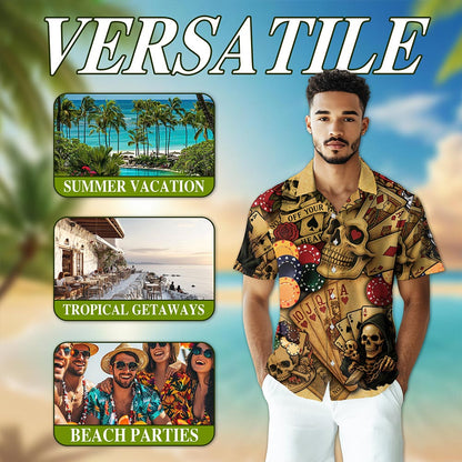 Gabling Poker Fire Skull Hawaiian Shirt for Men, Button Down Aloha Shirt - Azhawaiian