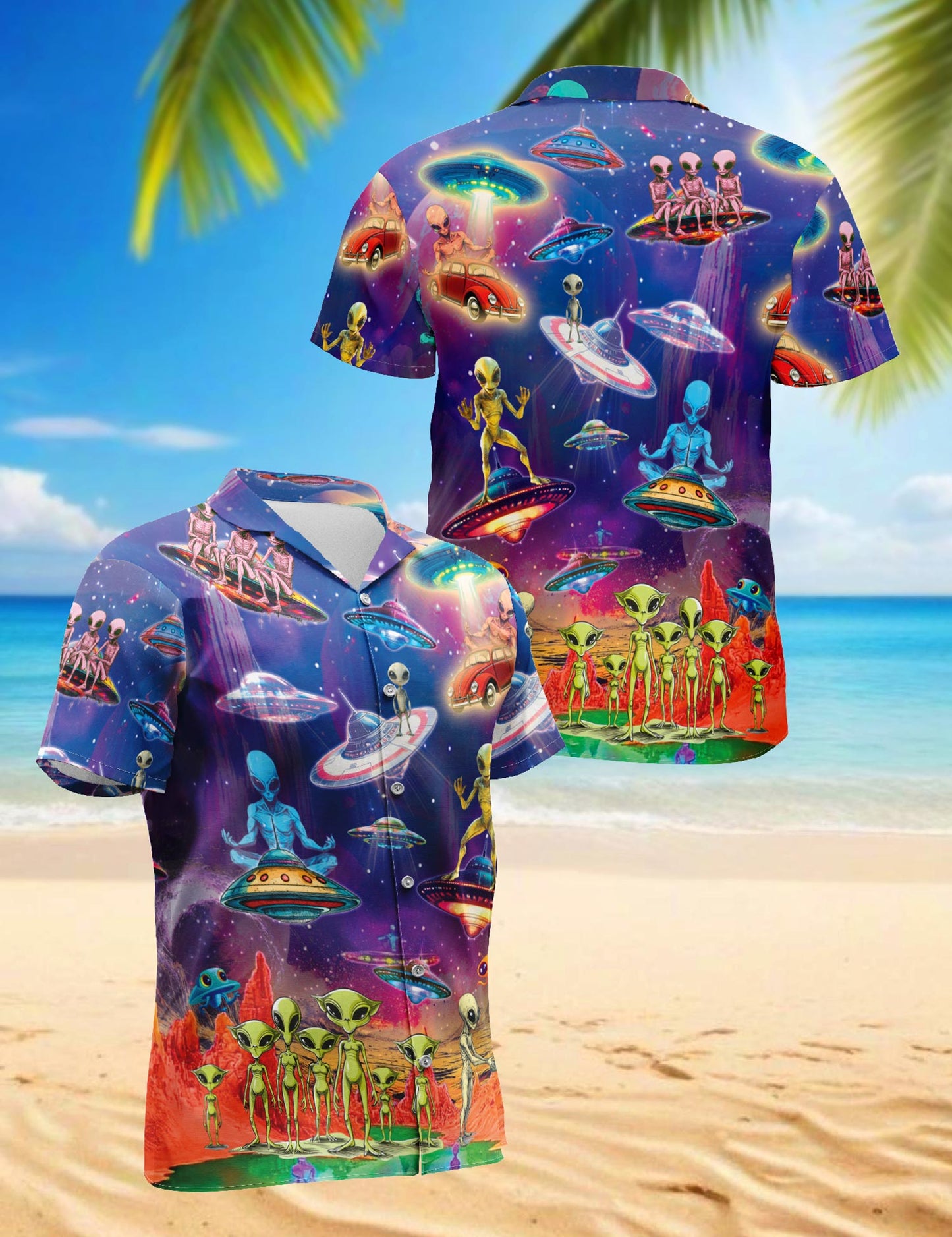 Galaxy Alien UFO Hawaiian Shirt for Men, Button Down Aloha Shirt - Azhawaiian