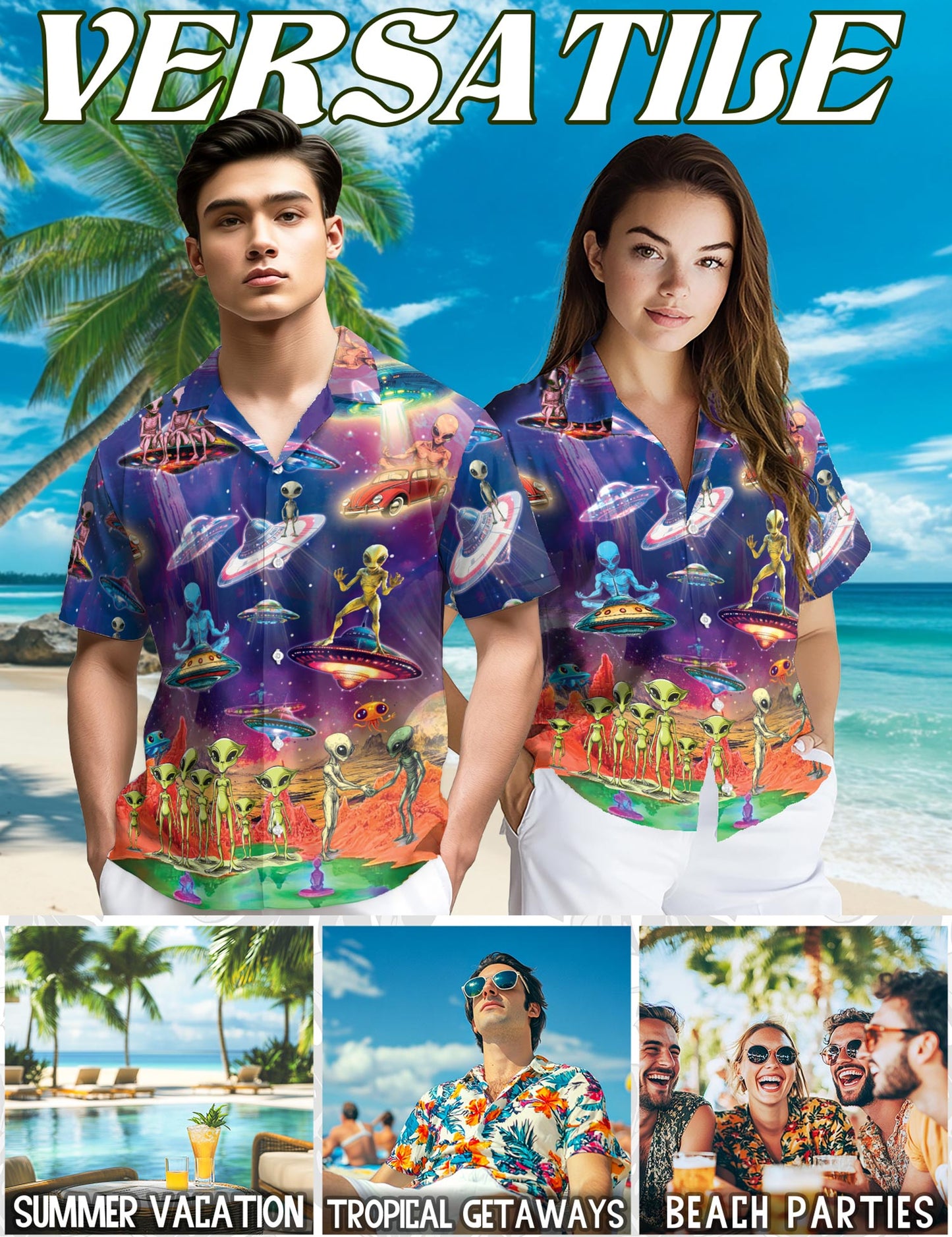 Galaxy Alien UFO Hawaiian Shirt for Men, Button Down Aloha Shirt - Azhawaiian