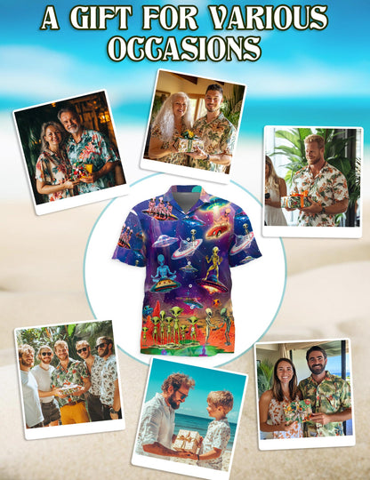 Galaxy Alien UFO Hawaiian Shirt for Men, Button Down Aloha Shirt - Azhawaiian