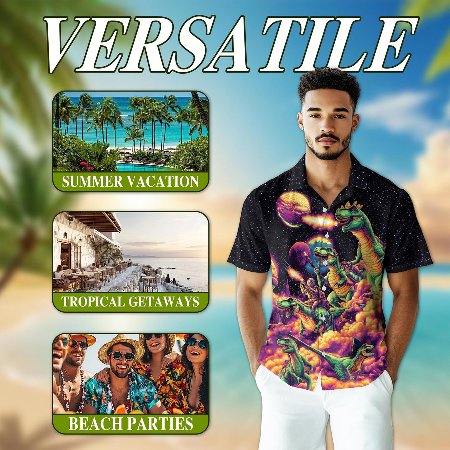 Galaxy Dinosaurs Hawaiian Shirt for Men, Button Down Aloha Shirt - Azhawaiian