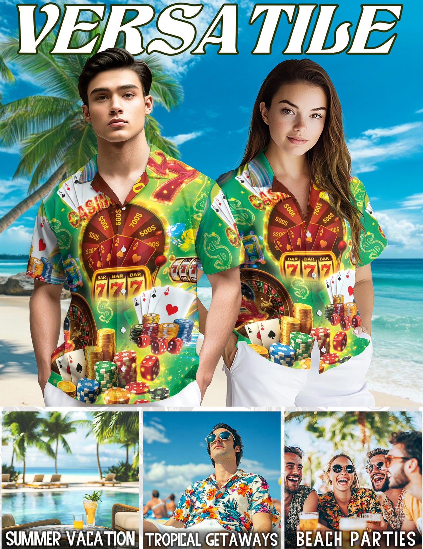 Gambling Playing Card Poker Hawaiian Shirt for Men, Button Down Aloha Shirt - Azhawaiian
