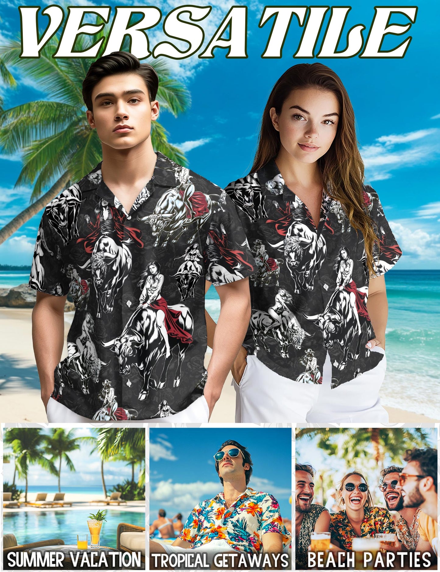 Girl Riding Bull Hawaiian Shirt for Men, Button Down Aloha Shirt - Azhawaiian