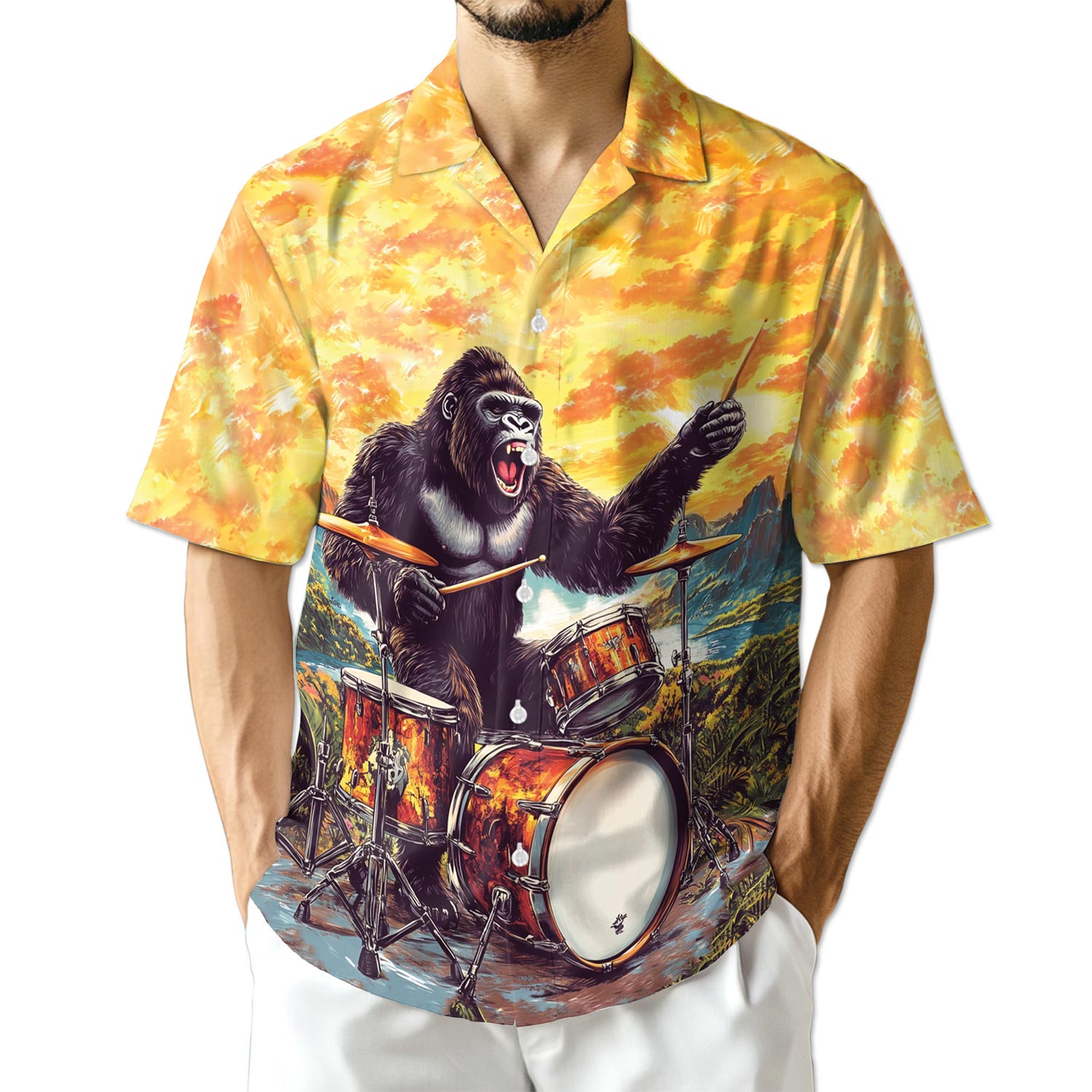 Azhawaiian Gorilla Plays Drum Hawaiian Shirt for Men