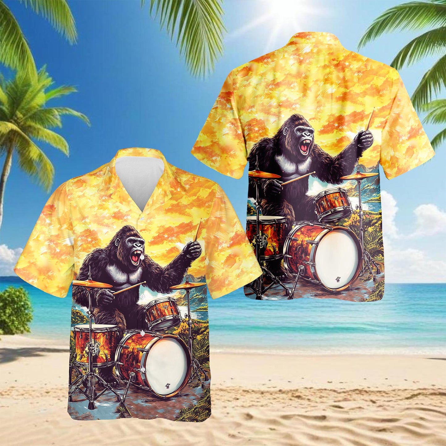 Gorilla Plays Drum Hawaiian Shirt for Men, Button Down Aloha Shirt - Azhawaiian