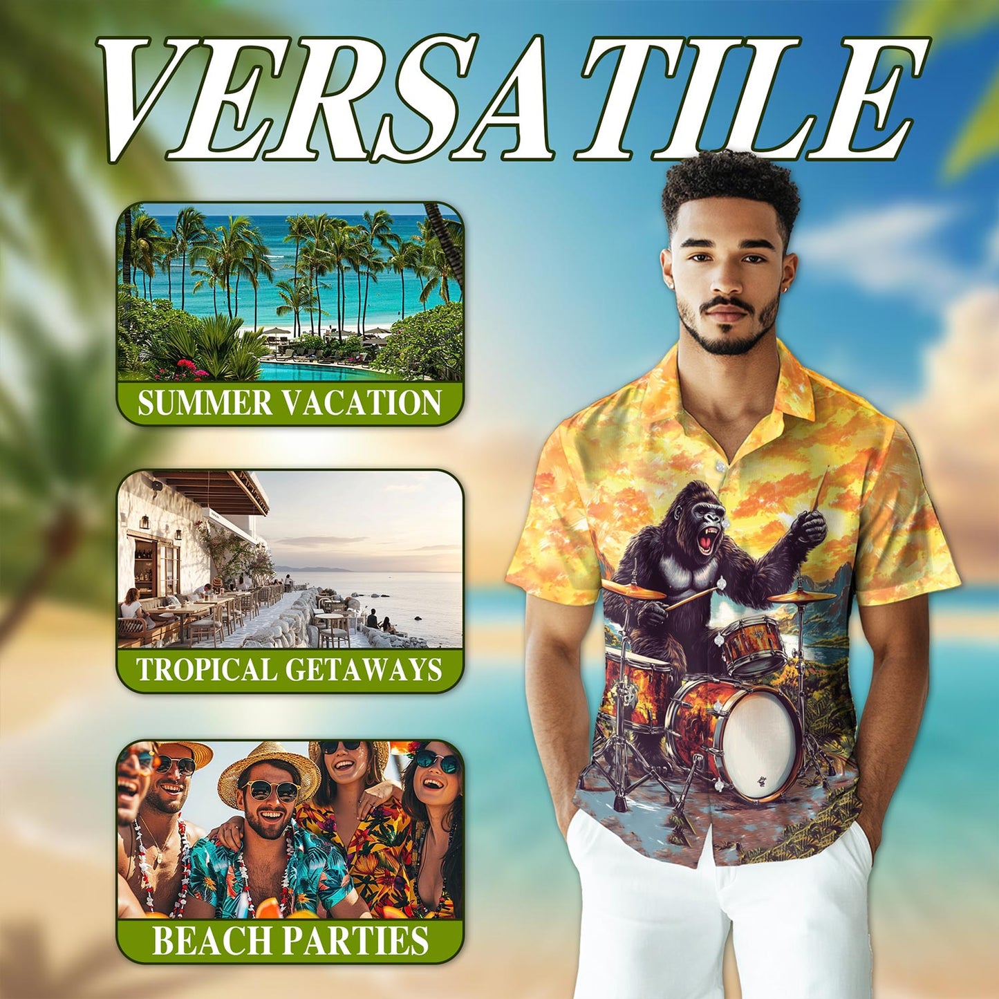 Gorilla Plays Drum Hawaiian Shirt for Men, Button Down Aloha Shirt - Azhawaiian