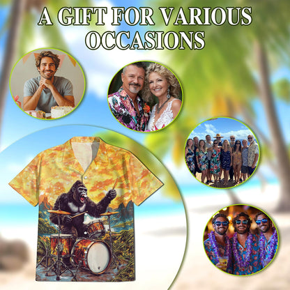 Gorilla Plays Drum Hawaiian Shirt for Men, Button Down Aloha Shirt - Azhawaiian