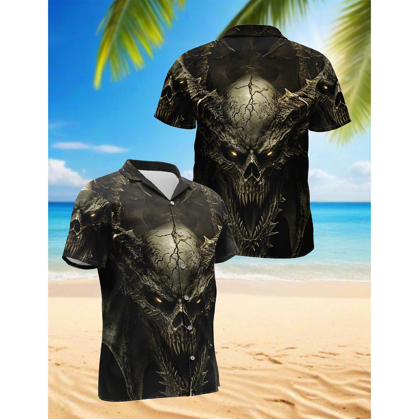 Gothic Dragon on Mutated Skull Hawaiian Shirt for Men, Button Down Aloha Shirt - Azhawaiian