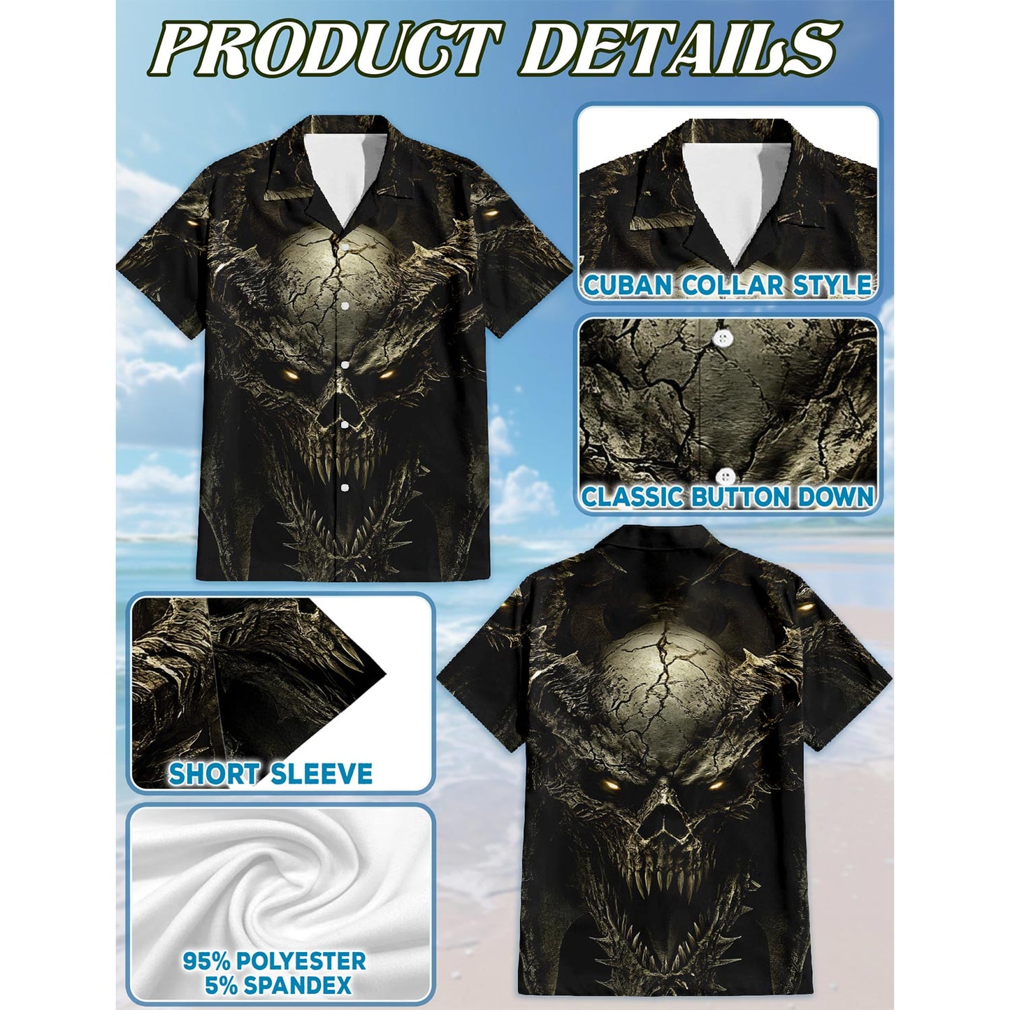 Gothic Dragon on Mutated Skull Hawaiian Shirt for Men, Button Down Aloha Shirt - Azhawaiian